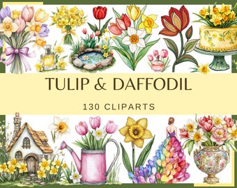 Imágenes prediseñadas de tulipanes y narcisos: flores de jardín de primavera (130 PNG)