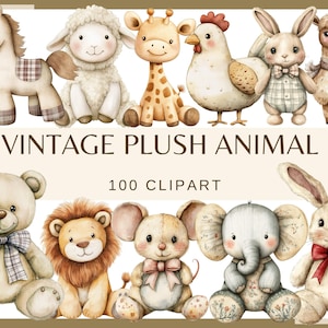 VINTAGE PLUSH ANIMALS - 100 clip arts (300 dpi, cute animals, baby animals, Transparent background, png, commercial use, bundle, digital)