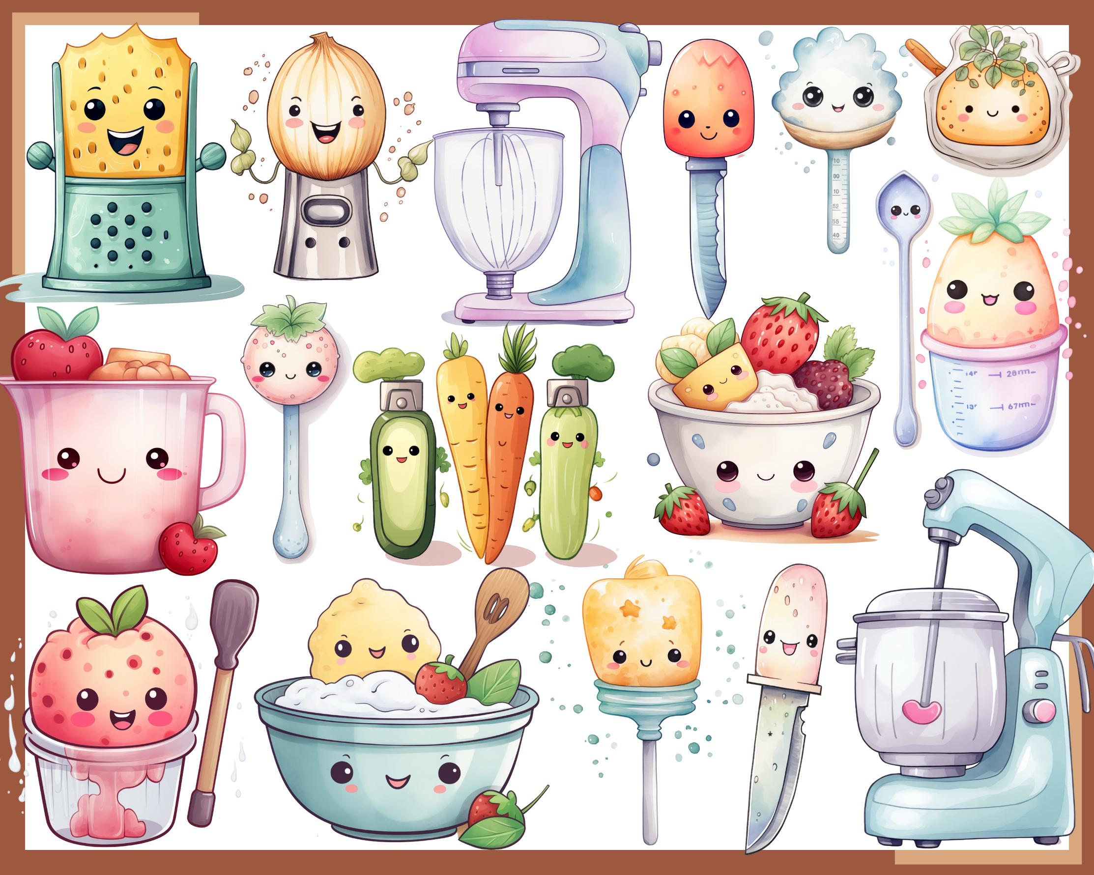 KAWAII KITCHEN SUPPLY - クリップ アート 100 点 (300 dpi、コンロ、オーブン、冷蔵庫、ブレンダー、ハンド  ミキサー、麺棒、ミキシング スプーン、スパチュラ、エプロン) - Etsy 日本, image size:2226x1781