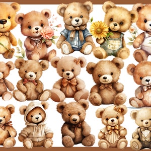 May include: A collection of 15 brown teddy bears with various accessories, including flowers, bows, and a scarf. The bears are all sitting on a white background.