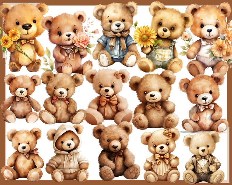May include: A collection of 15 brown teddy bears with various accessories, including flowers, bows, and a scarf. The bears are all sitting on a white background.
