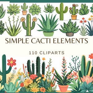 ÉLÉMENT CACTI SIMPLE - 110 images clipart (300 dpi, lot png, numérique, nature, cactus, aloès, verdure aquarelle succulente)