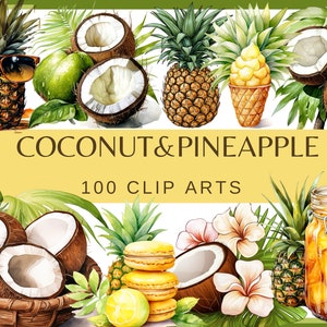COLEÇÃO DE COCO E ABACAXI - 100 clip arts e 10 padrões (300 dpi, fruta, fundo transparente, pacote, digital, png, óleo de coco)