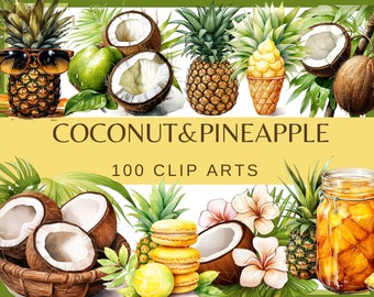 May include: Watercolor illustrations of coconuts and pineapples, including whole fruits, slices, and leaves. The text "COCONUT & PINEAPPLE 100 CLIP ARTS" is displayed on a yellow background.