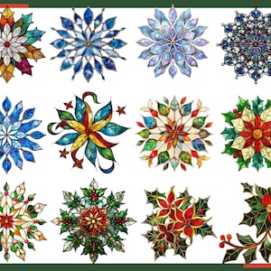 May include: Twelve colourful stained glass ornaments with a variety of designs, including snowflakes, poinsettias and holly.