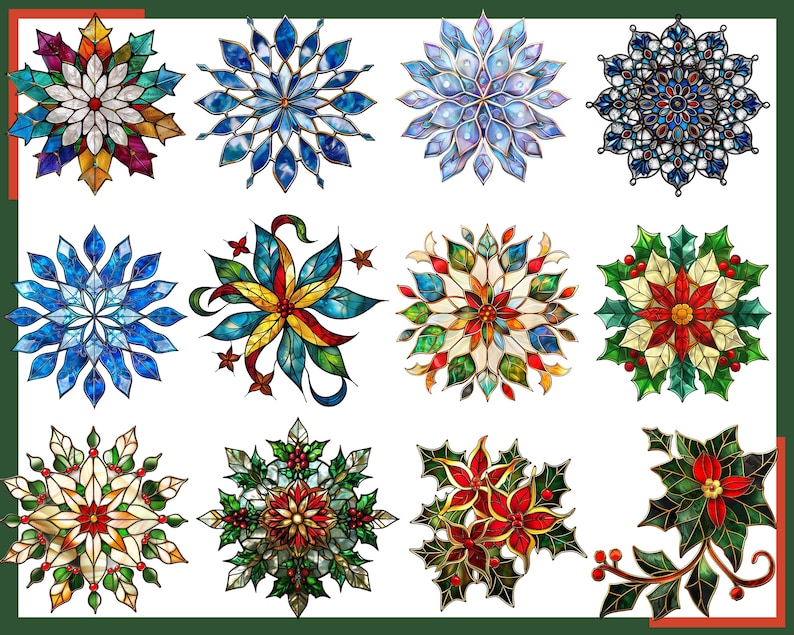 May include: Twelve colourful stained glass ornaments with a variety of designs, including snowflakes, poinsettias and holly.