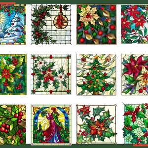 May include: Twelve stained glass panels featuring various Christmas themes. The panels depict holly, poinsettias, a Christmas tree, and a Christmas bauble.