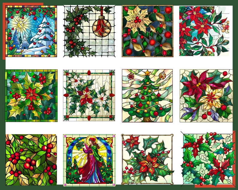 May include: Twelve stained glass panels featuring various Christmas themes. The panels depict holly, poinsettias, a Christmas tree, and a Christmas bauble.
