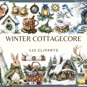 WINTER COTTAGECORE - 110 clip art (300 dpi, casa accogliente digitale, pacchetto Cozy Woodland, animale rustico invernale, natura innevata, decorazioni in stile cottage)