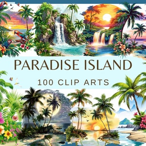 ILES PARADISE - 100 images clipart (300 dpi, png, usage commercial, lot, numérique, vie marine, png, cascade, perroquet, tropique, coucher de soleil, lever de soleil)