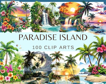 May include: A collection of 100 clip art images featuring tropical paradise scenes. The images include palm trees, waterfalls, beaches, sunsets, and moons. The text "Paradise Island 100 Clip Arts" is displayed on a blue background.