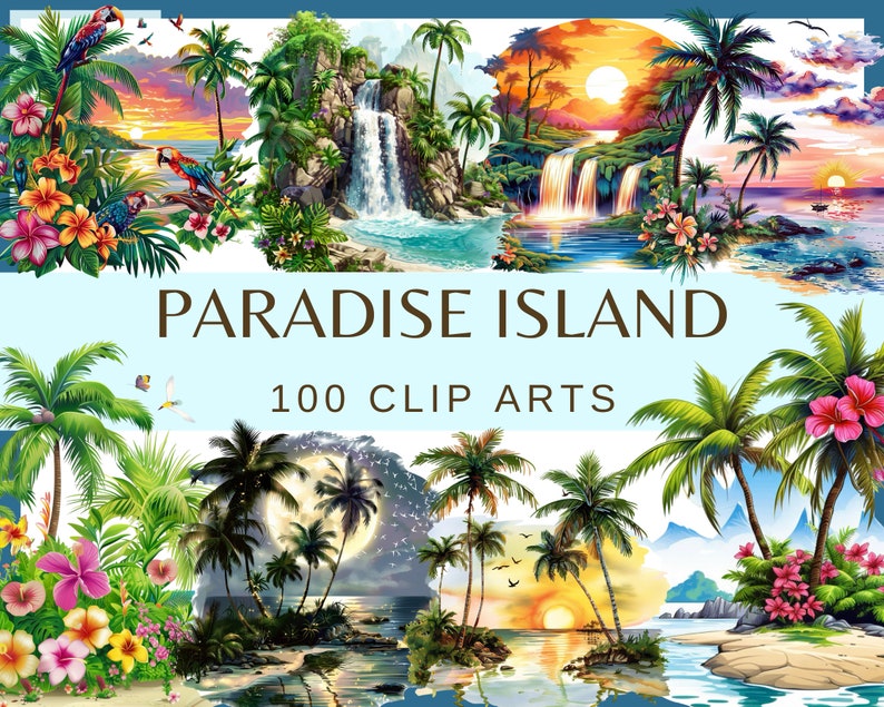 PARADISE ISLANDS 100 clip arts 300 dpi, png, commercial use, bundle, digital, sea life, png, waterfall, parrot, tropic, sunset, sunrise image 1