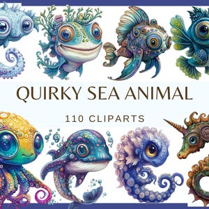 QUIRKY SEA ANIMALS -  100 clip arts (300 dpi, Ocean Animals Illustrations, Underwater, Magical Sea, Fantasy Fairy Fish, Vivid fish Octopus)