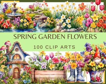 SPRING GARDEN FLOWERS - 100 clip arts (300 dpi, floral, nature, cat bunny with flowers, garden fountain, png, garden gnome, fantasy house)
