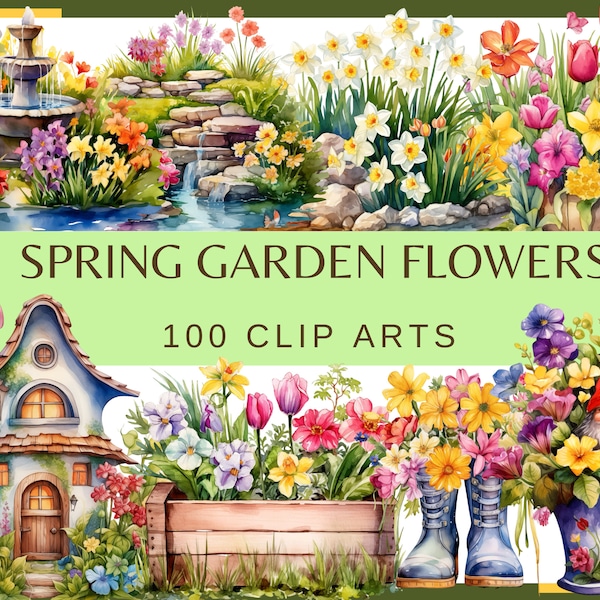 SPRING GARDEN FLOWERS - 100 clip arts (300 dpi, floral, nature, cat bunny with flowers, garden fountain, png, garden gnome, fantasy house)