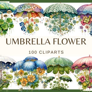 May include: A collection of colorful umbrella flower clip art. The flowers are depicted with a variety of colors and patterns, including blue, green, pink, and purple. The flowers are surrounded by green leaves and stems. The text "Umbrella Flower 100 Cliparts" is displayed at the bottom of the image.