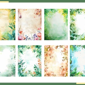 May include: Eight watercolor backgrounds with floral and leafy borders. The backgrounds are in various shades of green, blue, yellow, and orange. The borders are made of leaves, flowers, and butterflies.