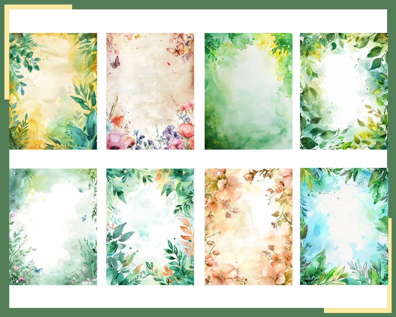May include: Eight watercolor backgrounds with floral and leafy borders. The backgrounds are in various shades of green, blue, yellow, and orange. The borders are made of leaves, flowers, and butterflies.