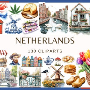 NEDERLAND - 130 cliparts (300 dpi, Nederlandse molen Amsterdam Keukenhof tulpenveld delfts patroon Nederlandse vlag dutch house holland, png)