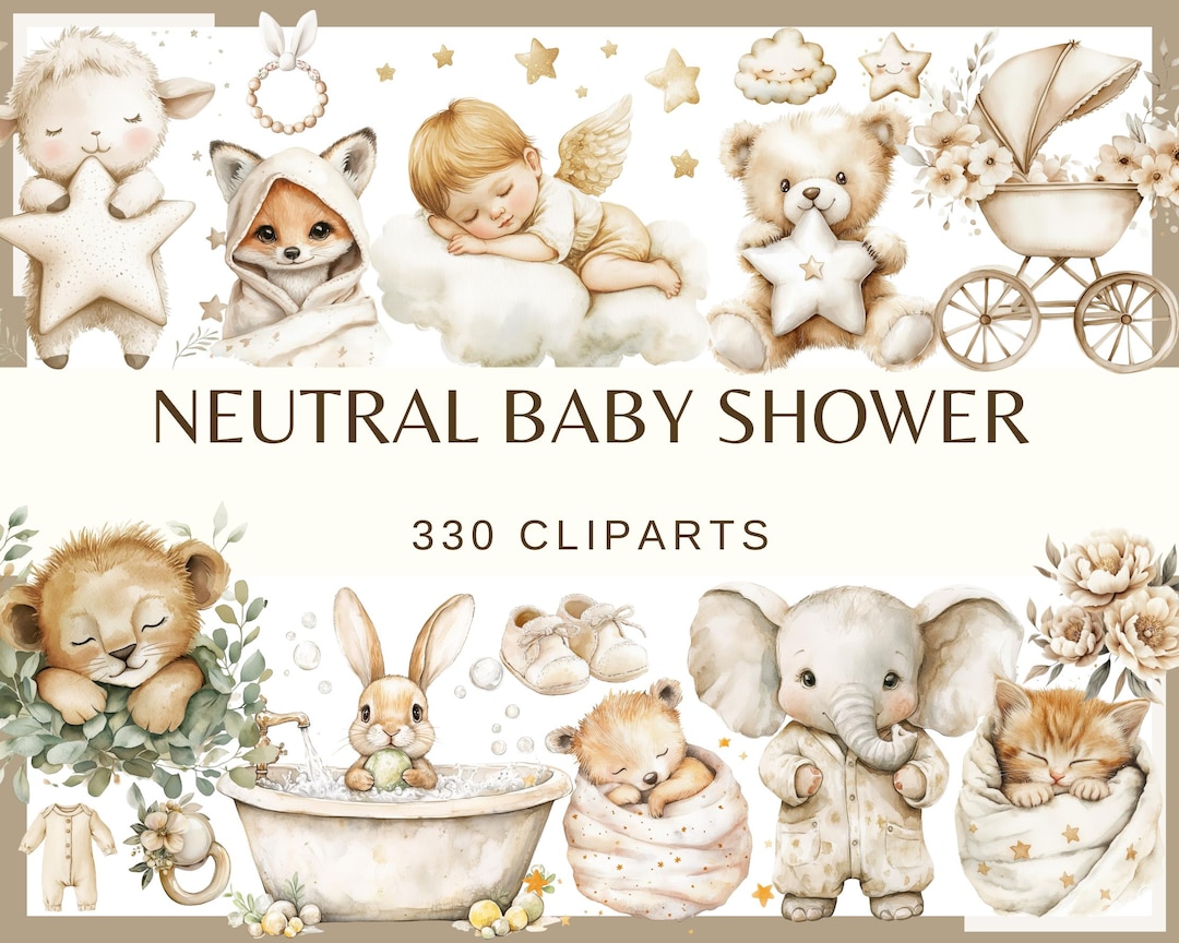 Neutral Baby Shower Watercolor Clipart: 330 PNG Graphics (digital ...
