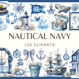 NAUTICAL NAVY - 120 clip arts (300 dpi, png, commercial use, bundle, digital, sea life, anchor sea flag treasure box ship's wheel captain)