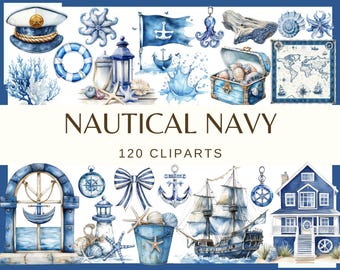 Op de afbeelding: Een set van 120 aquarel clipart-illustraties met nautische en marine thema's. De illustraties omvatten ankers, schepen, schelpen, zeesterren, een vuurtoren, een schatkist, een kapiteinshoed, een reddingsboei en meer.
