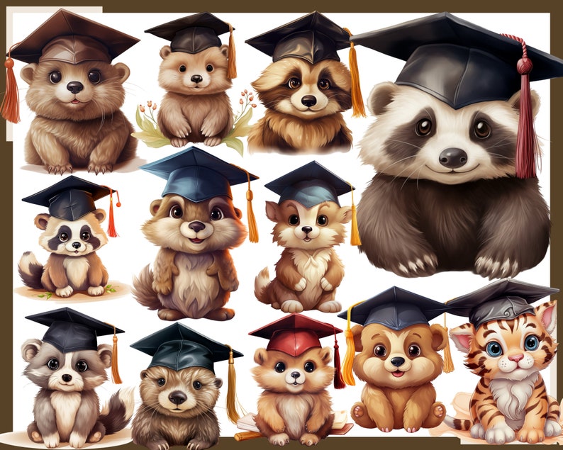 May include: A collection of cartoon animals, including raccoons, bears, and a cat, all wearing graduation caps. The illustrations feature a variety of colors, with each animal having a unique expression. The caps have tassels in various colors.