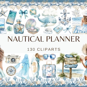 AGENDA NAUTIQUE - 130 images clipart (png, 300 dpi bleu, blanc et beige mode PNG | éléments d'agenda pour fille avec coquillages et motifs marins)