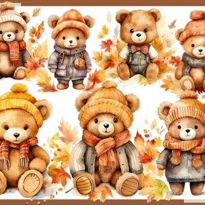 May include: Nine watercolor illustrations of brown teddy bears wearing different colored hats and scarves. The bears are surrounded by autumn leaves in shades of orange, yellow, and red.