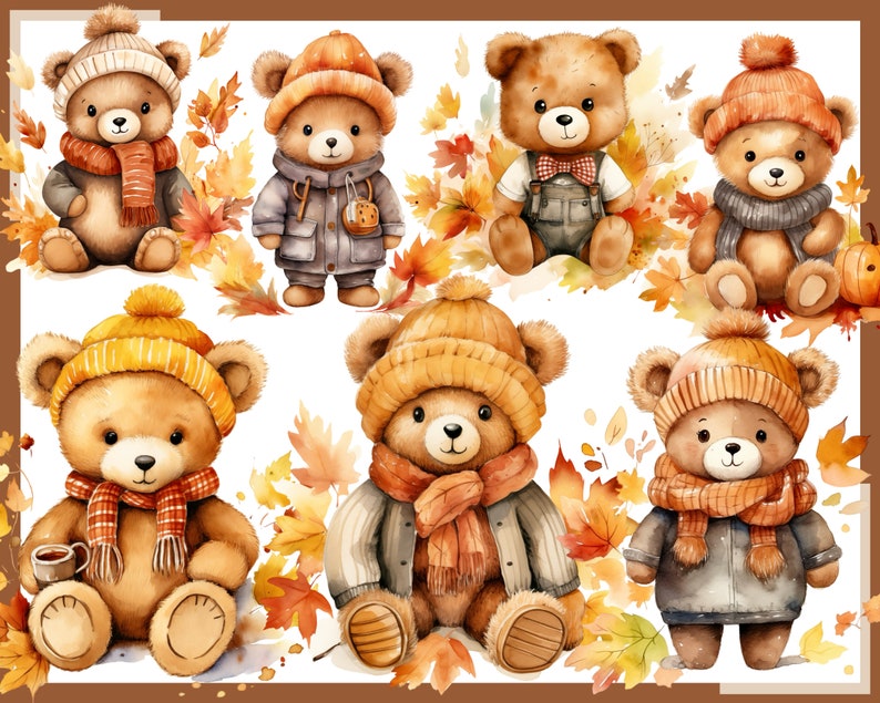 May include: Nine watercolor illustrations of brown teddy bears wearing different colored hats and scarves. The bears are surrounded by autumn leaves in shades of orange, yellow, and red.