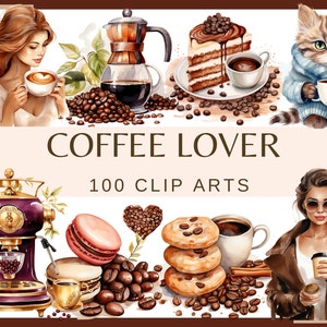AMANTE DEL CAFÉ - 100 imágenes prediseñadas (300 ppp, uso comercial, paquete, digital, gato con café, máquina de café, galleta, chica con grano de café png)