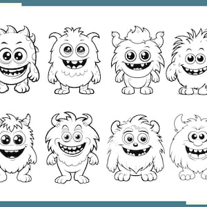 May include: Black and white line art illustration of eight cute cartoon monsters with different expressions. The monsters have large eyes, toothy grins, and fluffy hair.