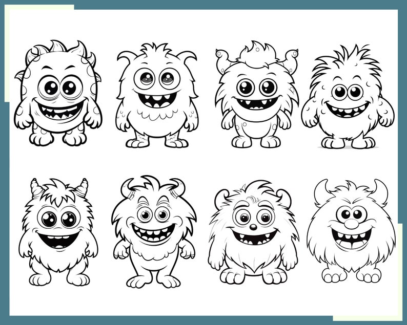 May include: Black and white line art illustration of eight cute cartoon monsters with different expressions. The monsters have large eyes, toothy grins, and fluffy hair.