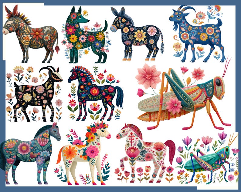 Mexican Otomi Animal Art: 100 PNG, 300 DPI Mexican Folk Art Animals ...