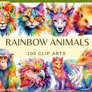 ANIMAIS ARCO-ÍRIS - 100 clip arts (300 dpi, elefante, raposa, mangusto, zebra, leão, puma, tigre, chita, girafa, hiena, macaco, digital, png)