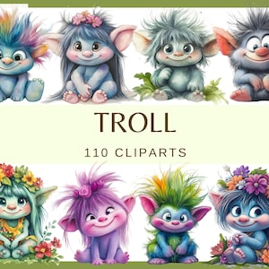 TROLLS - 110 images clipart (300 dpi, jolies créatures féeriques, lot, numérique, ésotérique, png, mystique, fantastique occulte, sorcier, dessin animé mystérieux)