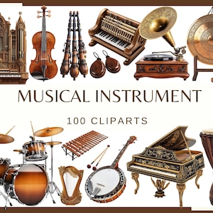 MUZIEKINSTRUMENT: 100 clip arts (png, 300 dpi, commercieel gebruik, gitaar, viool, piano, drum, grammofoon, solsleutel)