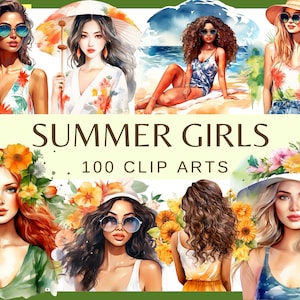 CHICAS DE VERANO - 100 imágenes prediseñadas (300 dpi, floral, naturaleza, jardín, moda, mujer de vacaciones, niña con flor, dama en la playa, niña de lujo, png)