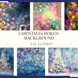 Puede incluir: Una colección de fondos digitales bokeh navideños que incluye 110 imágenes prediseñadas. Los visuales muestran escenas festivas con esferas de luz desenfocadas, ramas de pino y árboles de Navidad iluminados en varias paletas de colores.