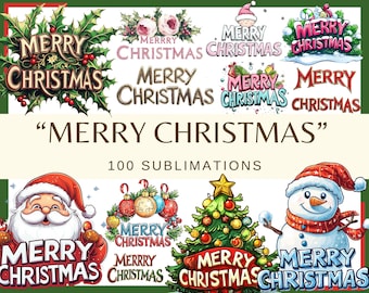 Merry Christmas: 100 PNG, 300 DPI Christmas Word Art, Holiday Typography Clipart, Festive Lettering Sublimation (Commercial Use, Digital)