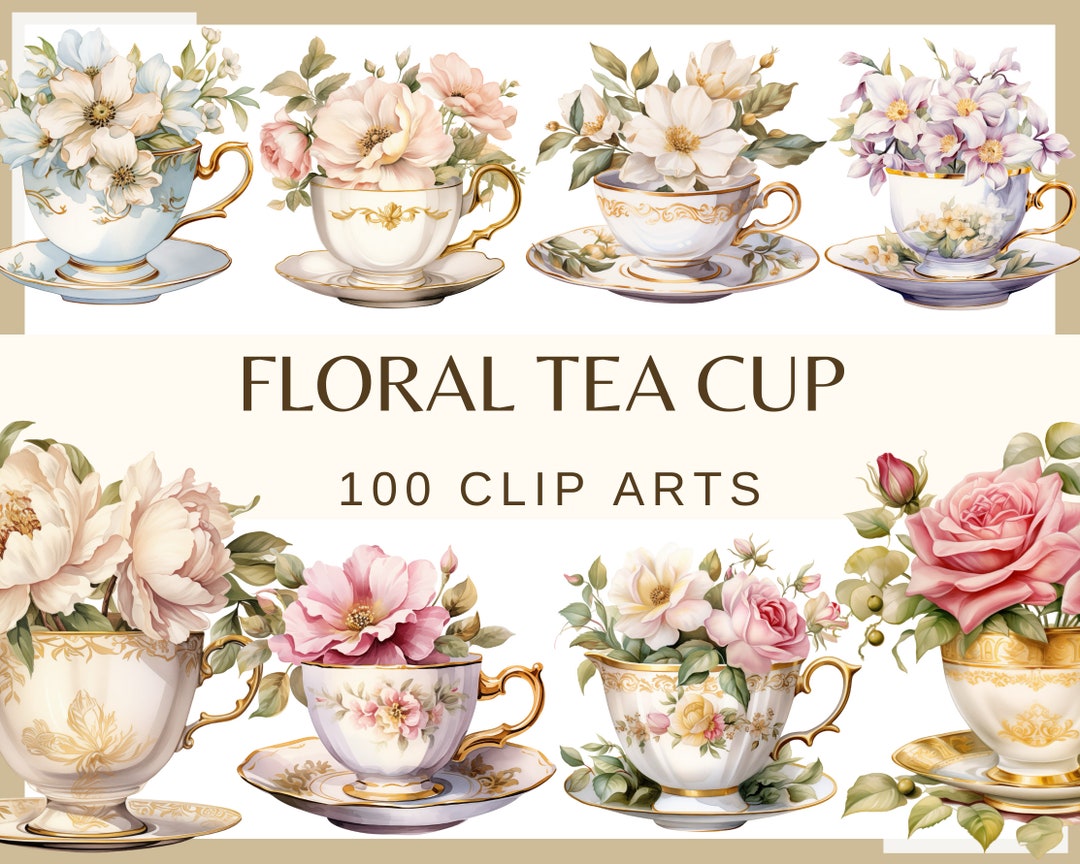 FLORAL TEA CUP - 100 Clip Arts (300 Dpi Elegant Tea Cup With Flowers ...