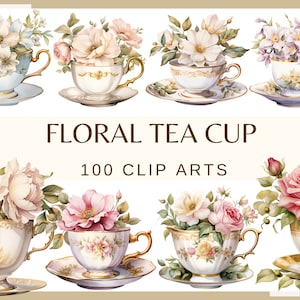 FLORAL TEE CUP - 100 clip arts (300 dpi Elegante Teetasse mit Blumen, Bündel, digital, png, Bastelarbeit, scrapbook)