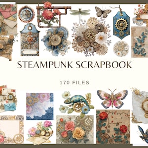 Può includere: Una collezione di elementi di scrapbooking a tema steampunk. L'immagine presenta orologi, ingranaggi, farfalle, fiori ed etichette nei toni del blu, marrone e oro. È visibile anche il testo "STEAMPUNK SCRAPBOOK" e "170 FILES".