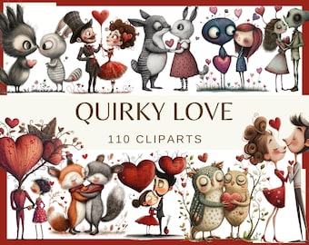 Quirky Love Clipart: 110 PNG, 300 DPI Valentine's Day Illustrations (Commercial Use, Digital Download, Transparent Background)