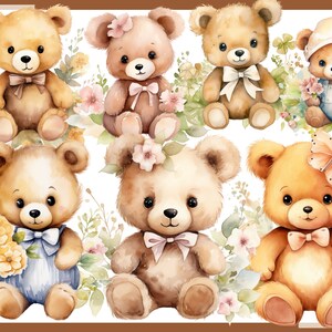 May include: Seven watercolor illustrations of teddy bears with different outfits and accessories. The bears are surrounded by flowers and greenery.