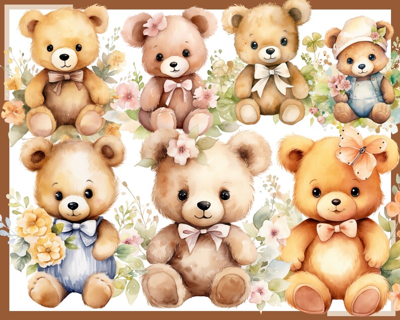 May include: Seven watercolor illustrations of teddy bears with different outfits and accessories. The bears are surrounded by flowers and greenery.