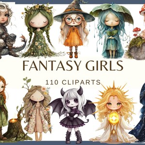 POUPÉES FANTAISIE - 110 cliparts aquarelles (300 dpi, dessin animé, poupée terre, sorcière, poupée feu eau bohème, poupées chibi, png, sticker pour enfants, bébé)