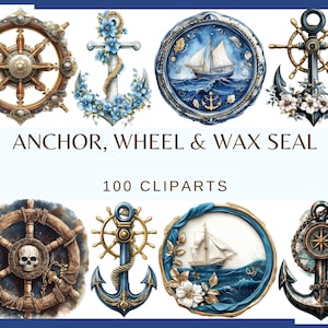 ANKER, WIEL, WAX Seal - 100 clip arts (300 dpi, png, commercieel gebruik, bundel, digitaal, zeeleven, zeewiel, bloemenanker en wiel, schip)