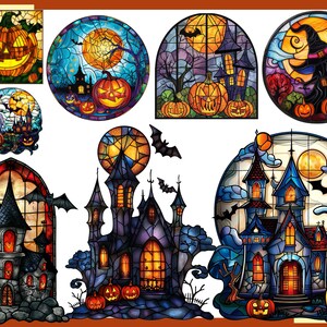 May include: A set of stained glass windows with a Halloween theme. The windows feature images of haunted houses, bats, pumpkins, and a witch. The windows are all in a dark blue, purple, and orange color scheme.