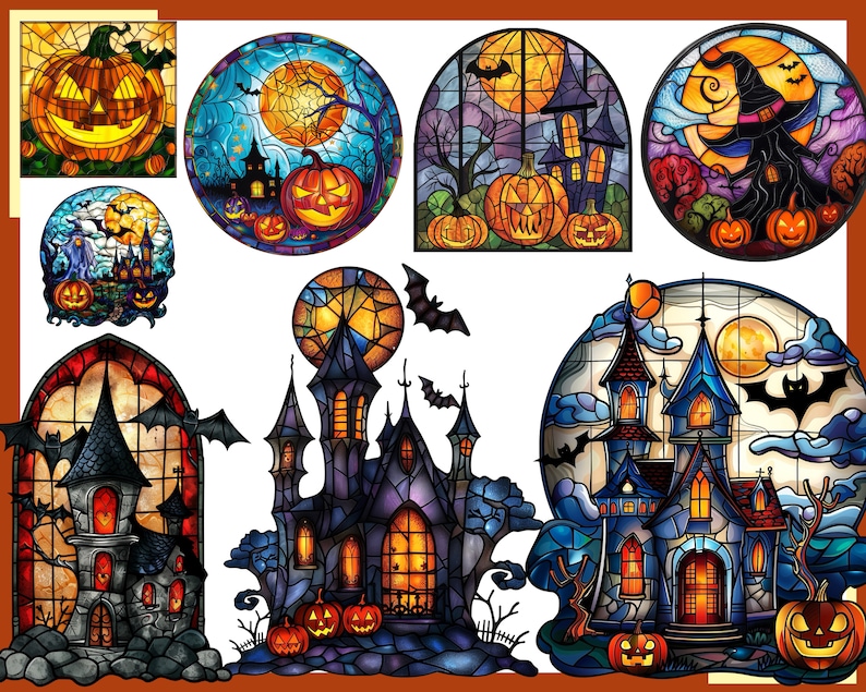 May include: A set of stained glass windows with a Halloween theme. The windows feature images of haunted houses, bats, pumpkins, and a witch. The windows are all in a dark blue, purple, and orange color scheme.